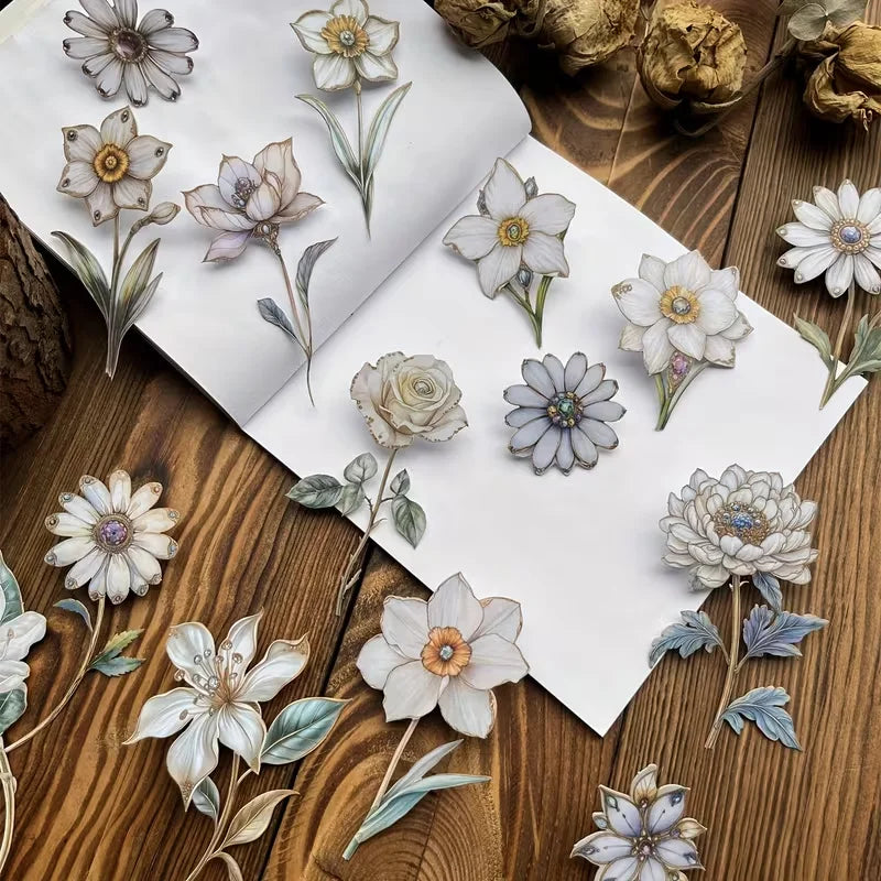 autocollants fleurs artificielles vintage papier épais bleu rose blanc vert détaillées romantiques élégantes