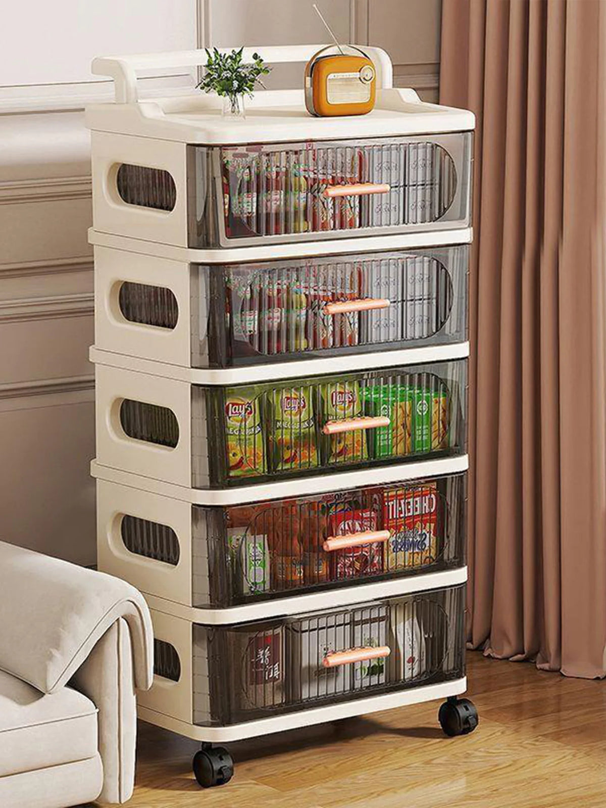 meuble rangement mobile tiroirs roulettes beige clair rayures horizontales moderne