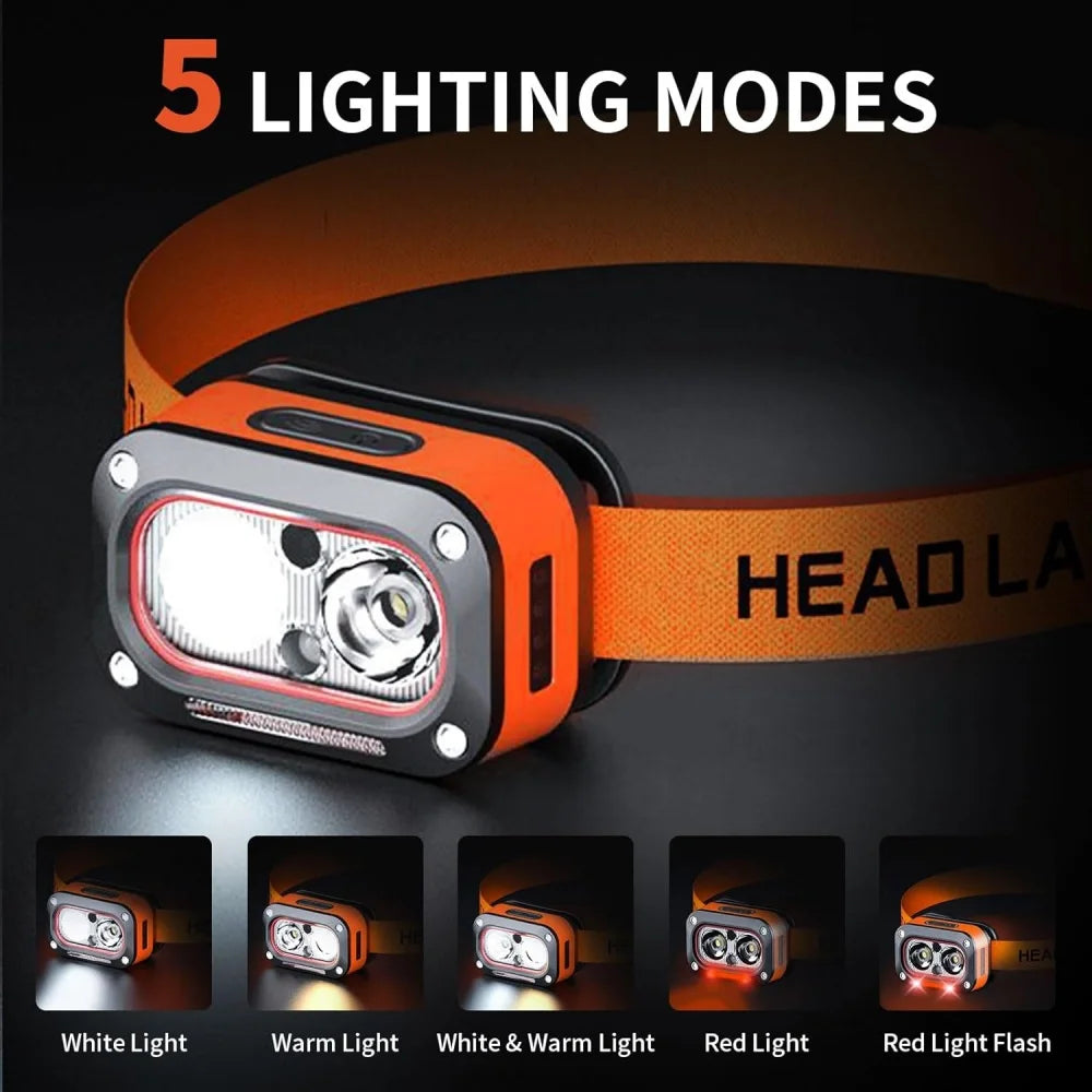 lampe frontale rechargeable led super bright waterproof orange noir adjustable belt fishing camping