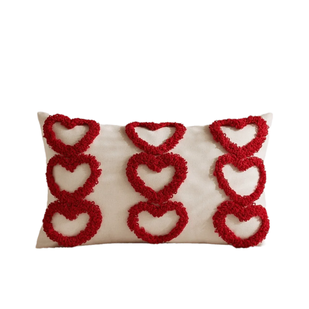 taies d'oreiller coeurs relief blancs lit polyester coton brodés opaques décoration romantique fixations coussins