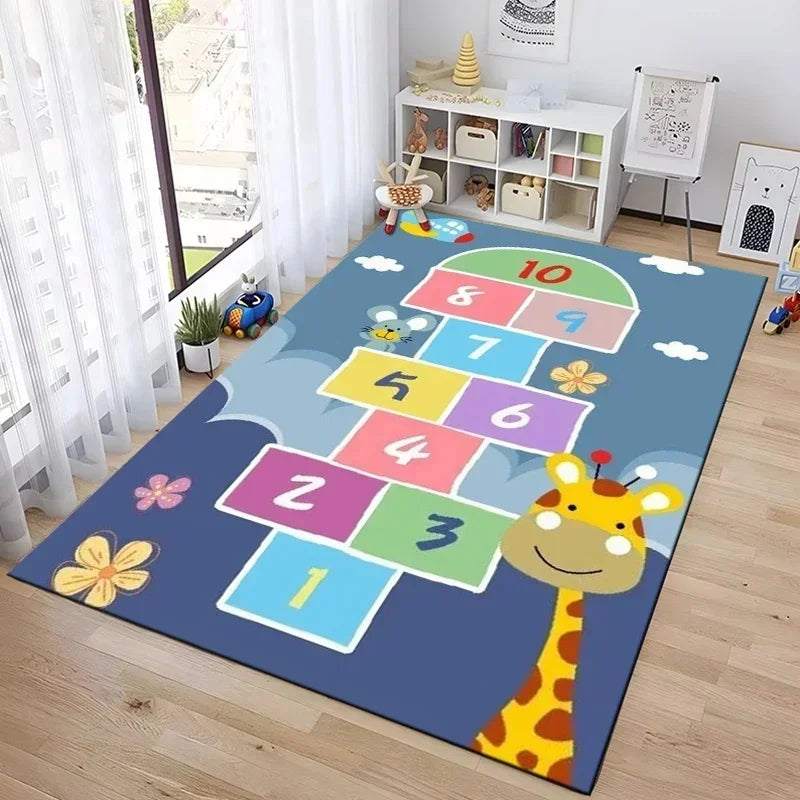 tapis jeu enfant interactif motif princesses animaux chateau rose bleu gris chambre deco