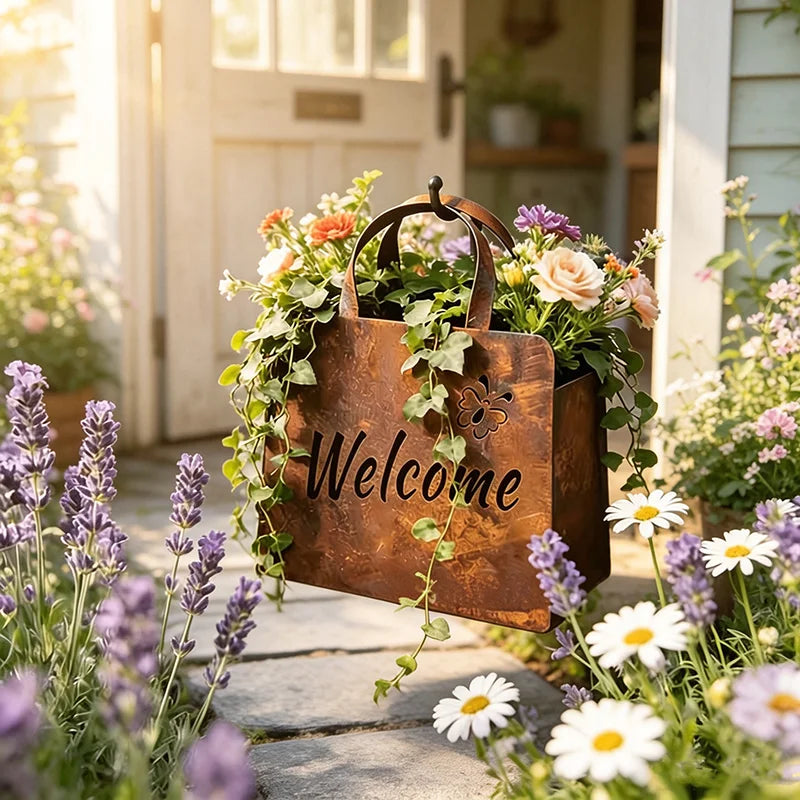 sac main vintage rustique métal poignées cuir inscription hello welcome