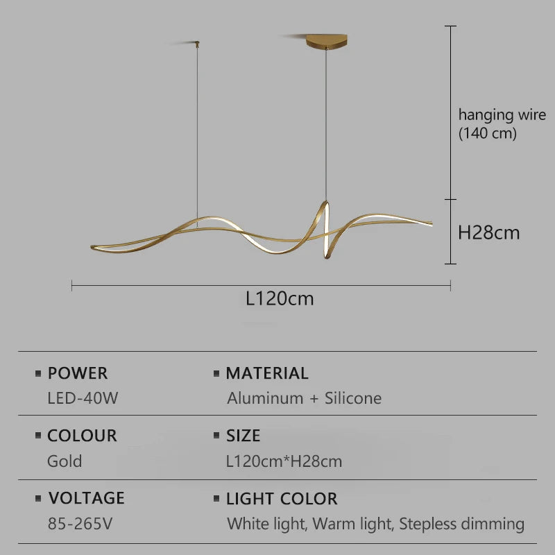 lampe suspendue moderne câble noir doré ondulé 120cm 140cm lumière froideversible