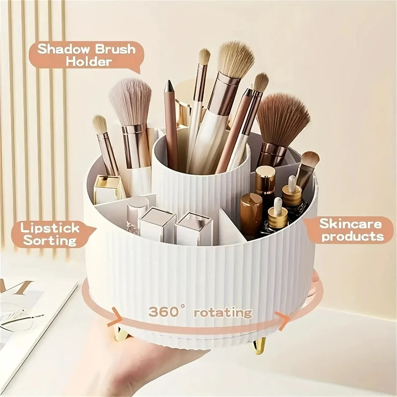 organisateur maquillage rotatif blanc rayures verticales moderne pieds dorés compartiments pinceaux crayons lèvres soins