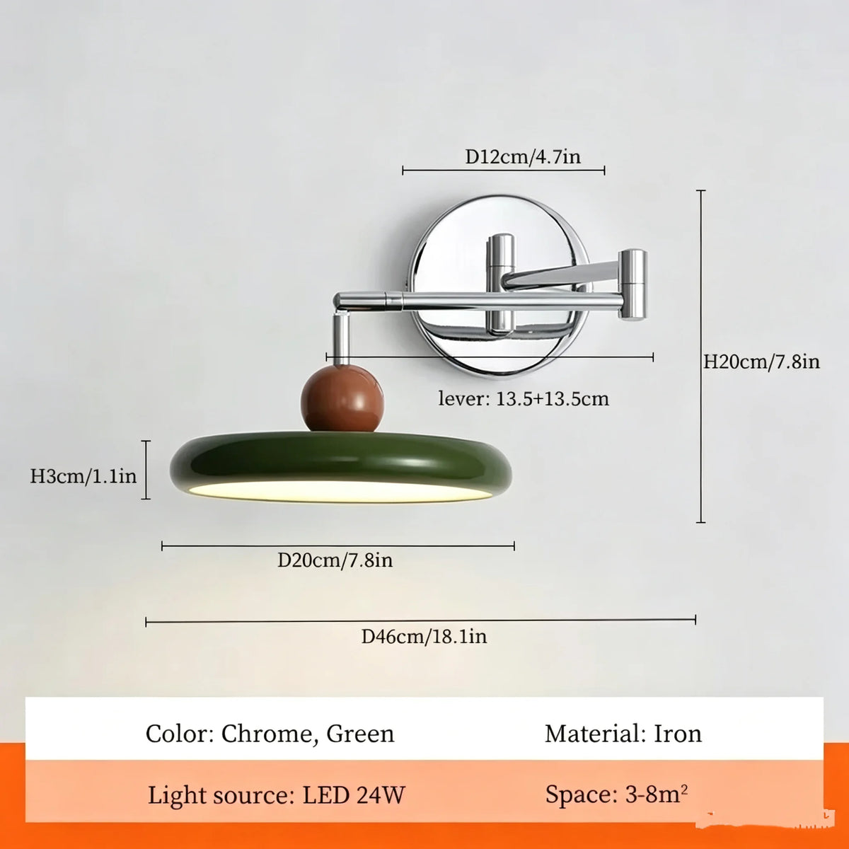 lampe murale bras articulé abatjour rond noir bois clair chrome vert moderne minimaliste