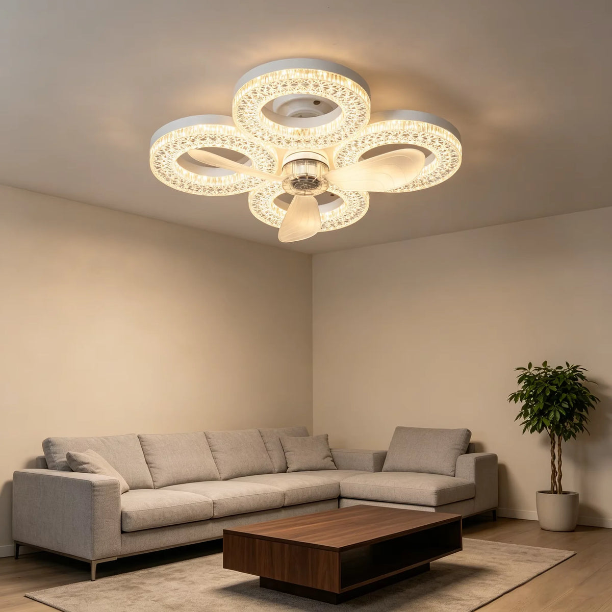 ventilateur led 48w vitesses minuterie 24h blanc texture diamants moderne télécommande