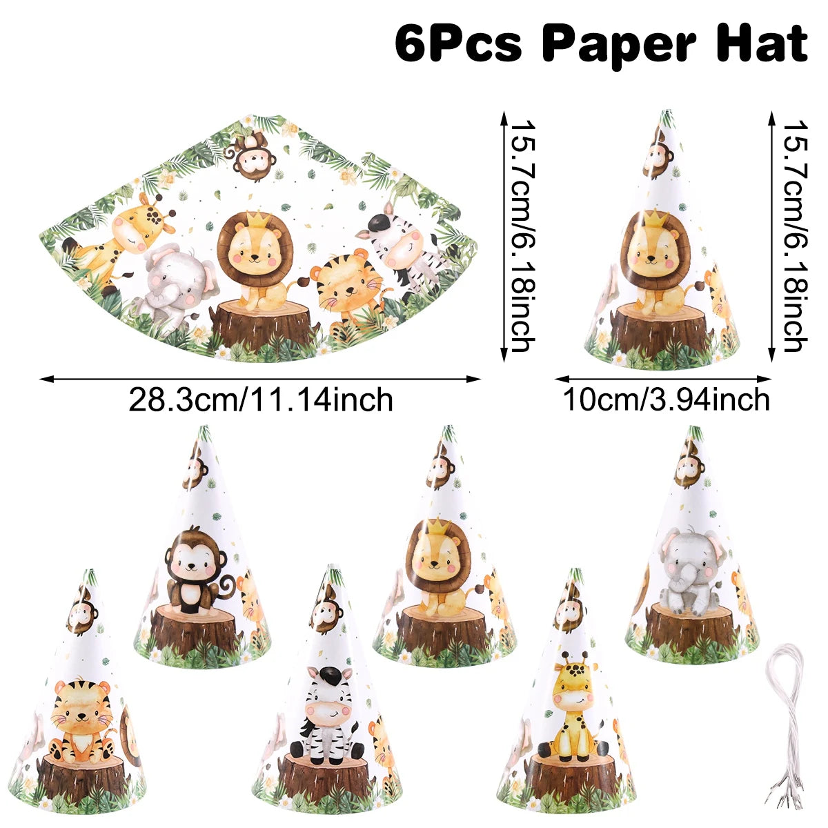 chapeaux coniques animaux dessin animé blanc marron vert anniversaire fête décoration photo six unités