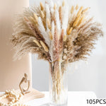 bouquet pampas séchés boho décoration intérieure beige crème marron clair fibres fines ruban vase