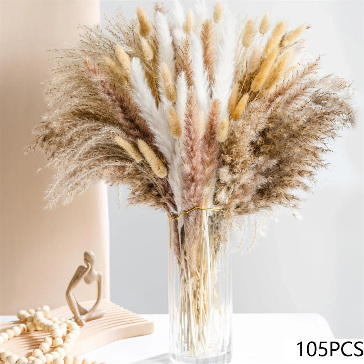 bouquet pampas séchés boho décoration intérieure beige crème marron clair fibres fines ruban vase