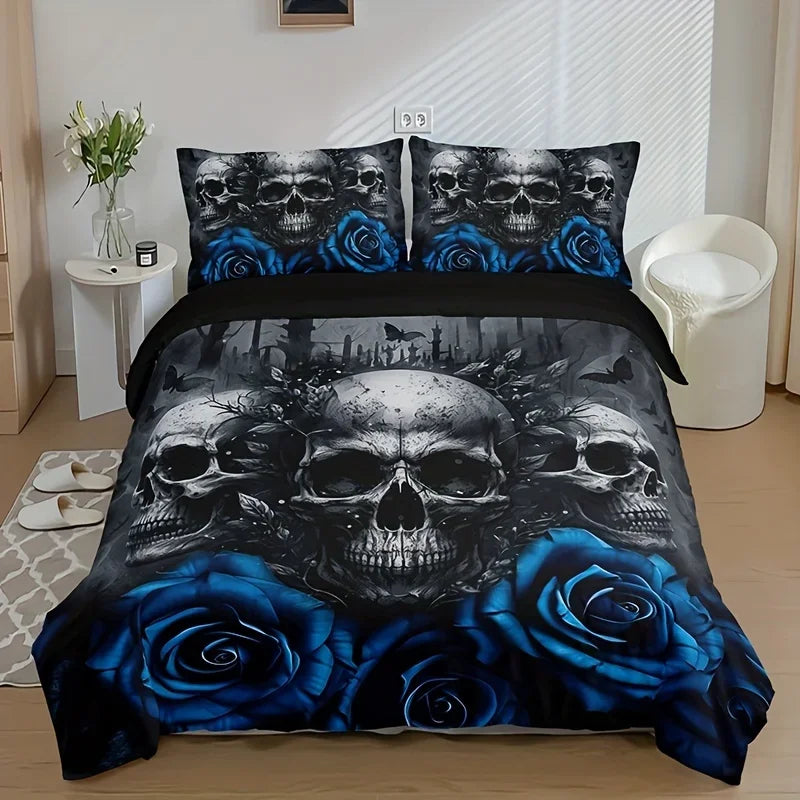 ensemble literie gothique crânes roses bleues housse couette taies oreillers noir gris bleu chambre