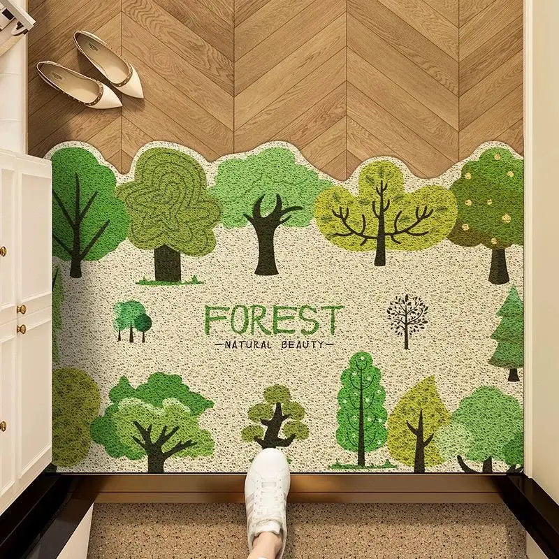 tapis entrée forest animaux paysage vert blanc fleurs naturelle illustration
