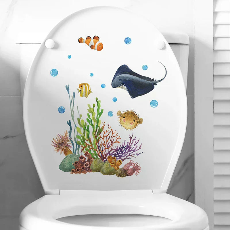 sticker mural sous marin multicolore poissons coraux dauphin cartoon opaques salle bain