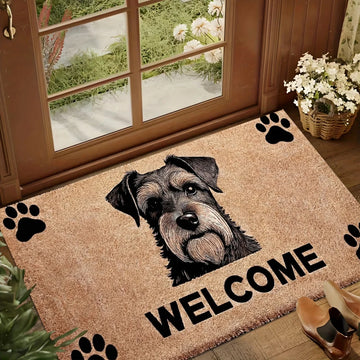 tapis sol décoratif chien schnauzer accueil bienvenue motif pattes moderne salon entrée maison