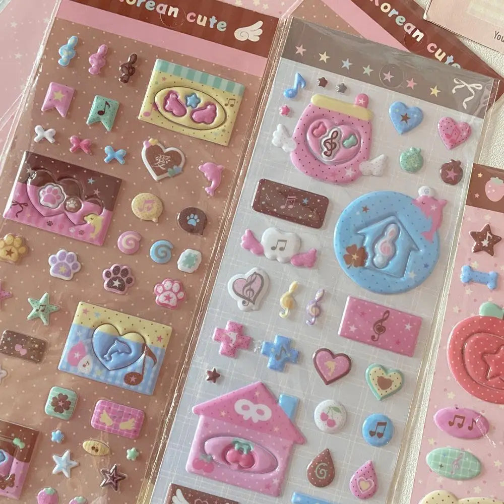 stickers 3d bulles kawaii animaux coeurs étoiles maison ours chauves souris pompons cloches journal
