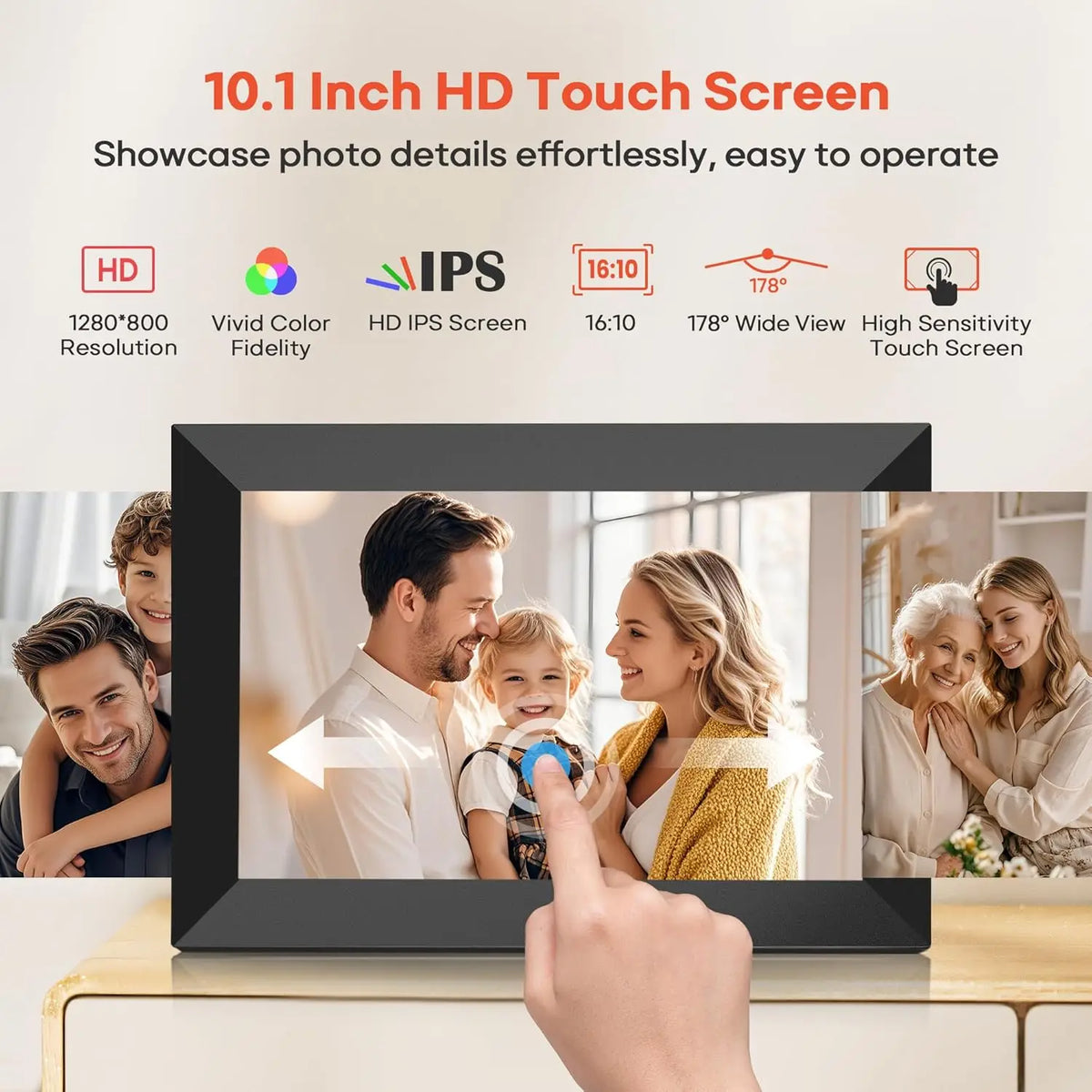 cadre photo numerique 10.1 pouces noir blanc moderne wifi ecran tactile ips hd 1280x800