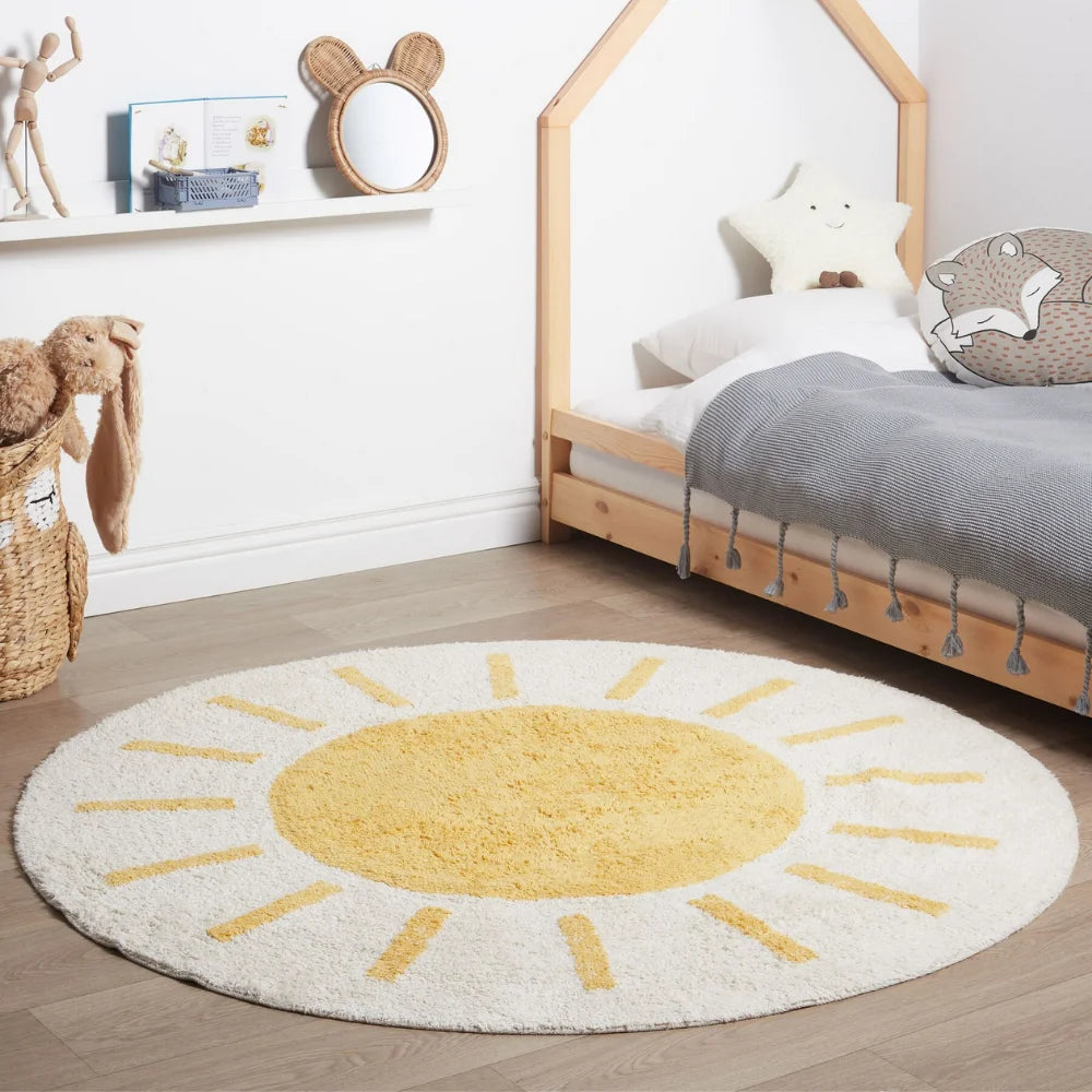 tapis rond doux soleil stylisé moderne blanc jaune enfants salon chambre bain toiletteextérieur