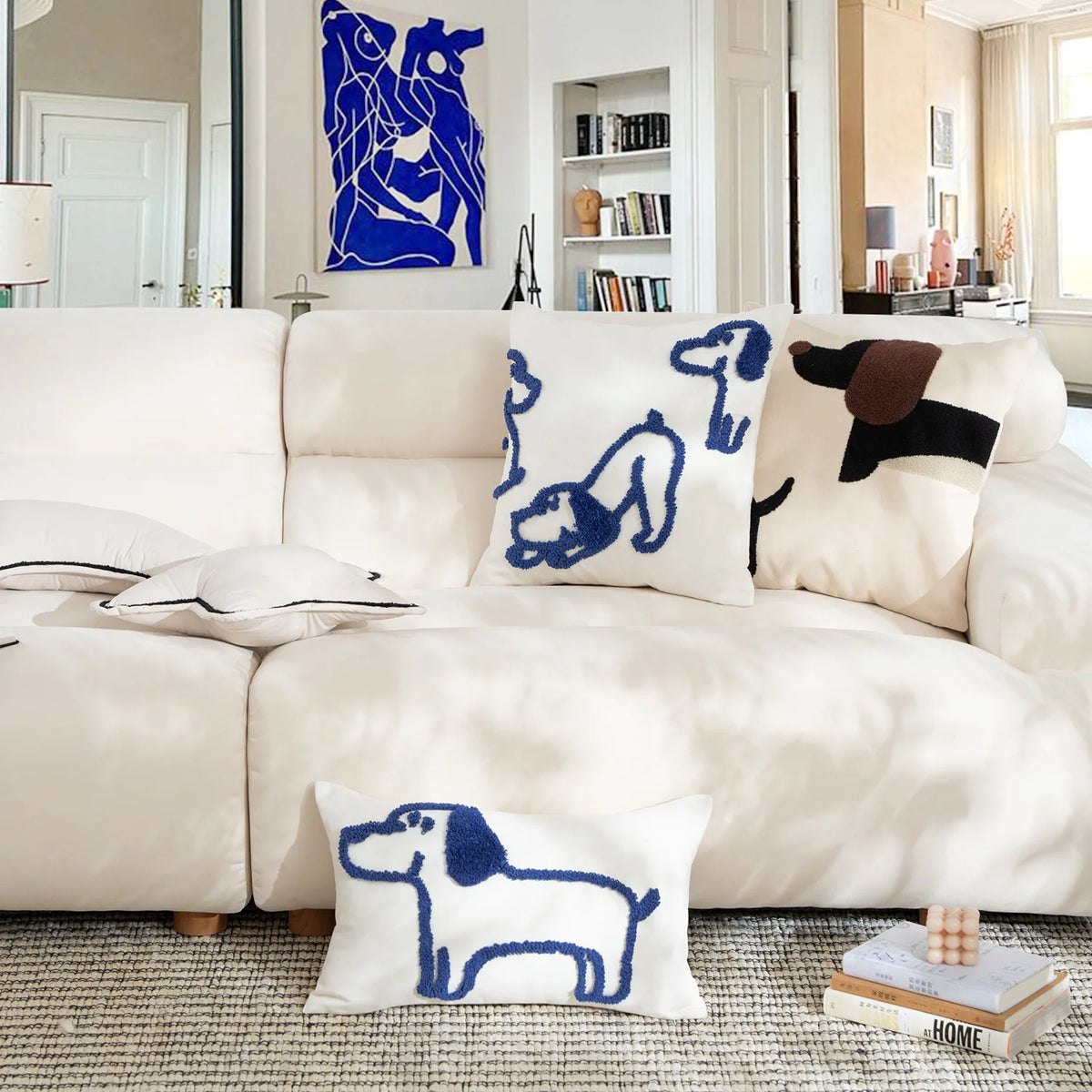 housse coussin brodée chien polyester blanc bleu motif relief moderne décontracté canapé lit decoration