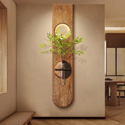 décoration murale éclairante support plante bois brut japonais minimaliste rustique lumière led verte