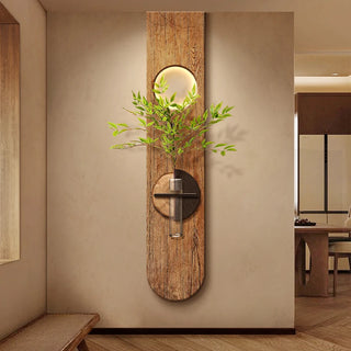 décoration murale éclairante support plante bois brut japonais minimaliste rustique lumière led verte