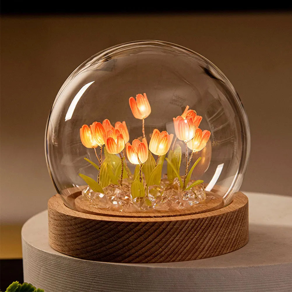lampe décorative tulipe fleurs feuilles verre transparent base bois moderne minimaliste led ambiance chambre