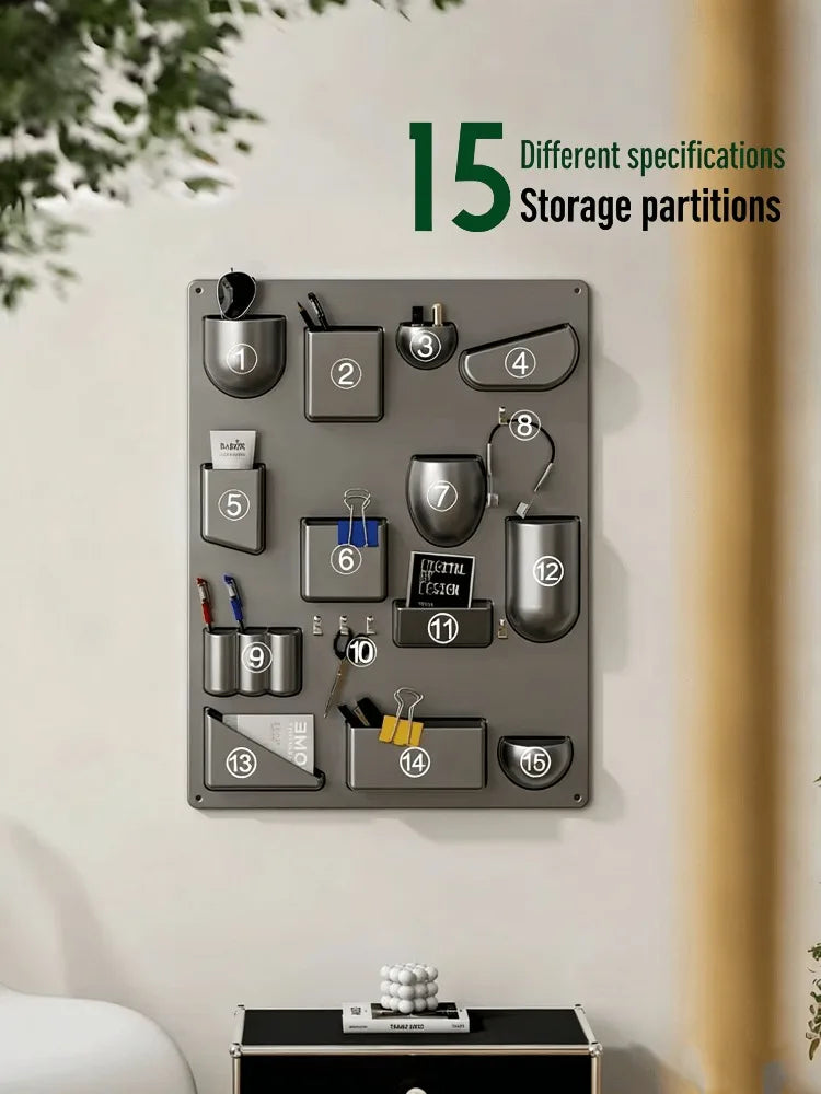 panneau mural rangement gris métallisé moderne plateau lisse porte crayons pochettes supports organisation