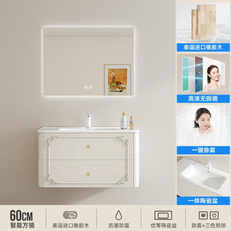 meuble salle bain noir blanc tiroirs vasque ornements dorés classique fixations murales accessoires cosmétiques