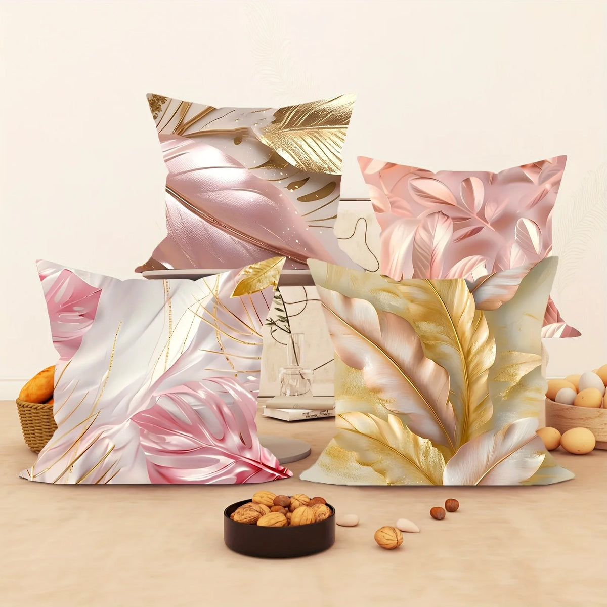 housse coussin tissu plumes stylisées rose pâle beige doré contemporain 45x45cm fermeture glissière decoration