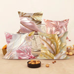 housse coussin tissu plumes stylisées rose pâle beige doré contemporain 45x45cm fermeture glissière decoration