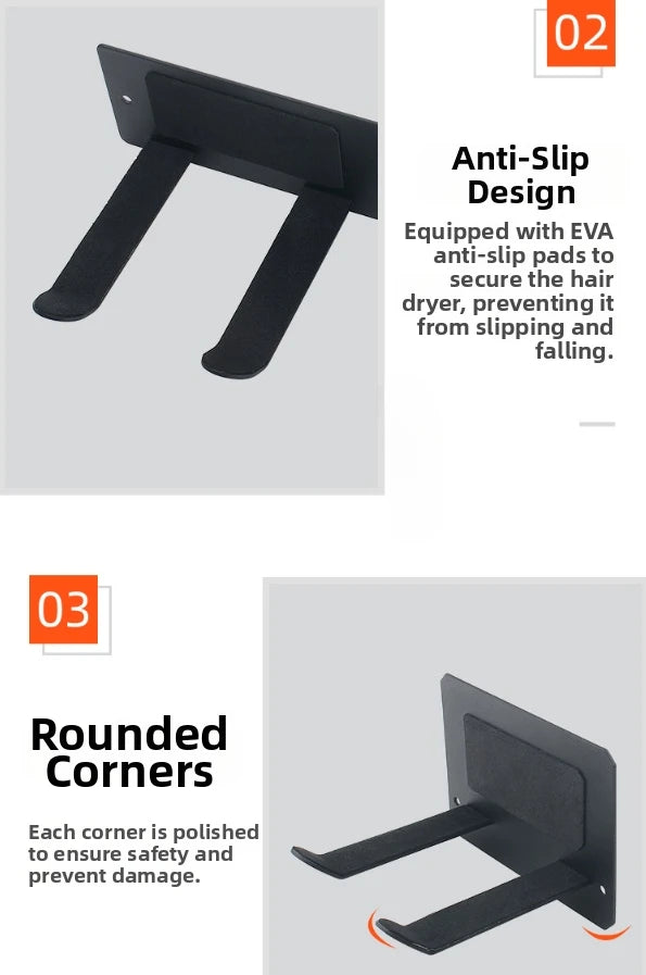 support mural anti dérapant porte sèche cheveux moderne finition inoxydable blanc noir doré