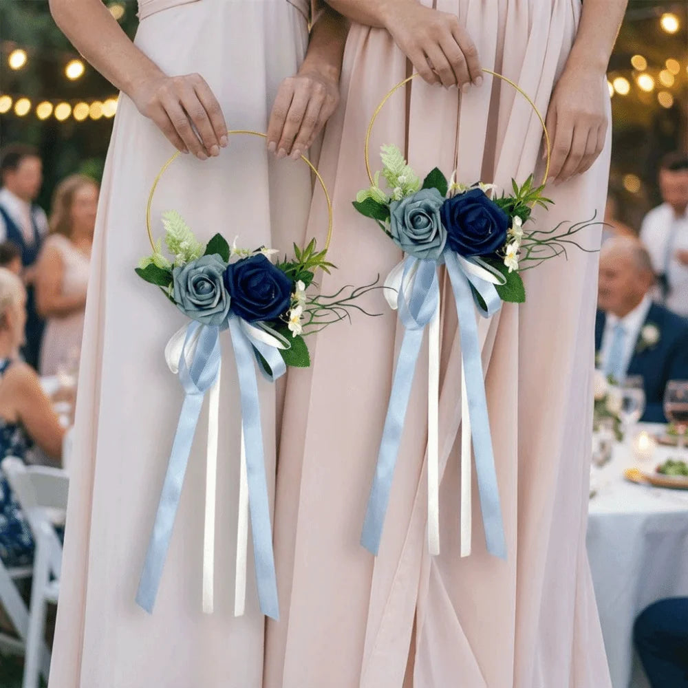 accessoires mariage bohème fleurs artificielles roses feuilles vertes rubans cercles dorés demoiselles honneur