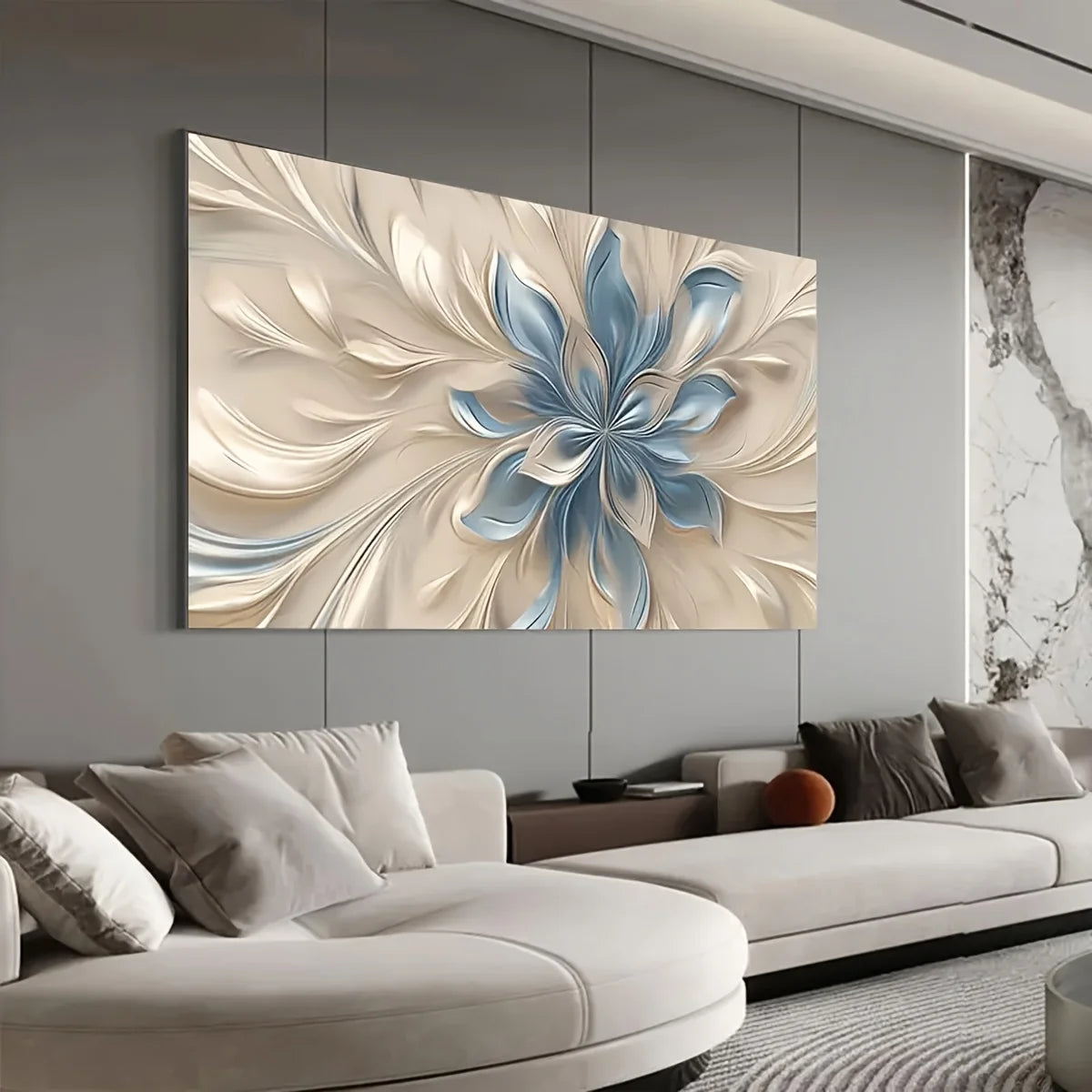 tableau moderne toile abstraite fleurs beige bleu gris opaque sans cadre 50x100cm 50x150cm