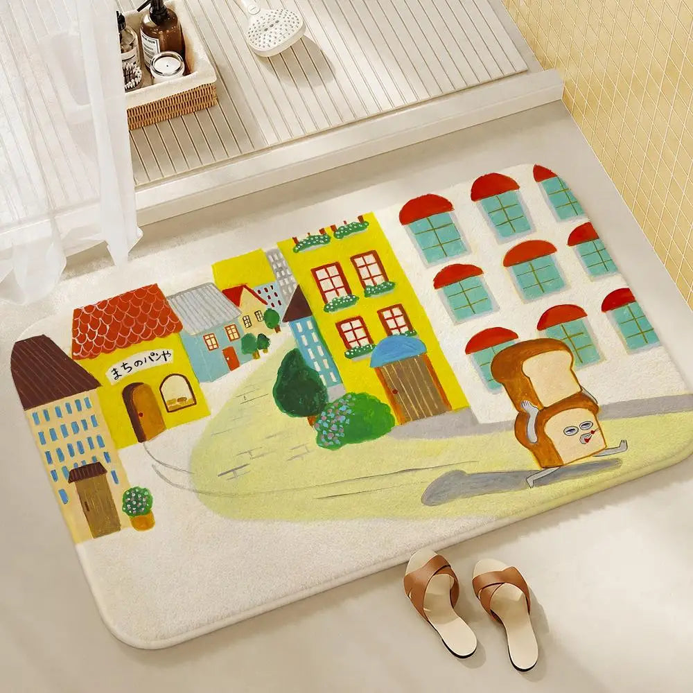 tapis illustration animée pain motif paysager mignon moderne sol antidérapant coton polyester resistant decoloration