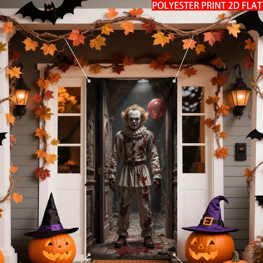 décoration murale halloween poster clown macabre citrouille squelette toile d'araignée gris rouge noire