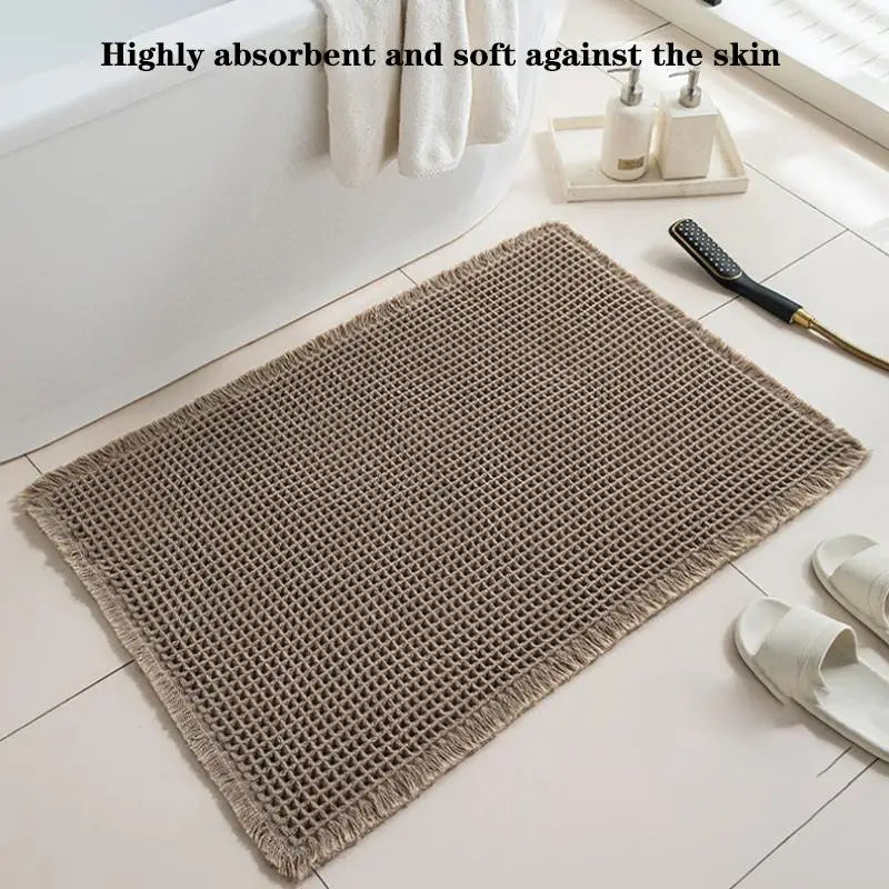 tapis bain beige clair gaufré antidérapant franges moderne dimensions 60x40cm