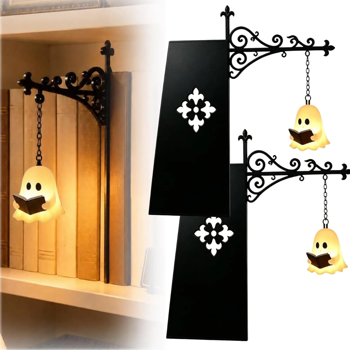 lampe décorative gothique miniature noire figurine fantôme translucide motif floral étagère bibliothèque vintagecharmante