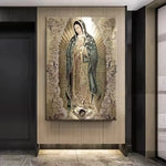 tableau religieux moderne toile ornements floraux motifs catholiques détails bleu doré noirDecorationMurrale