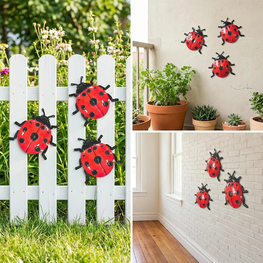 décoration murale coccinelle rouge points noirs métal brillant simple rustique lot trois pièces