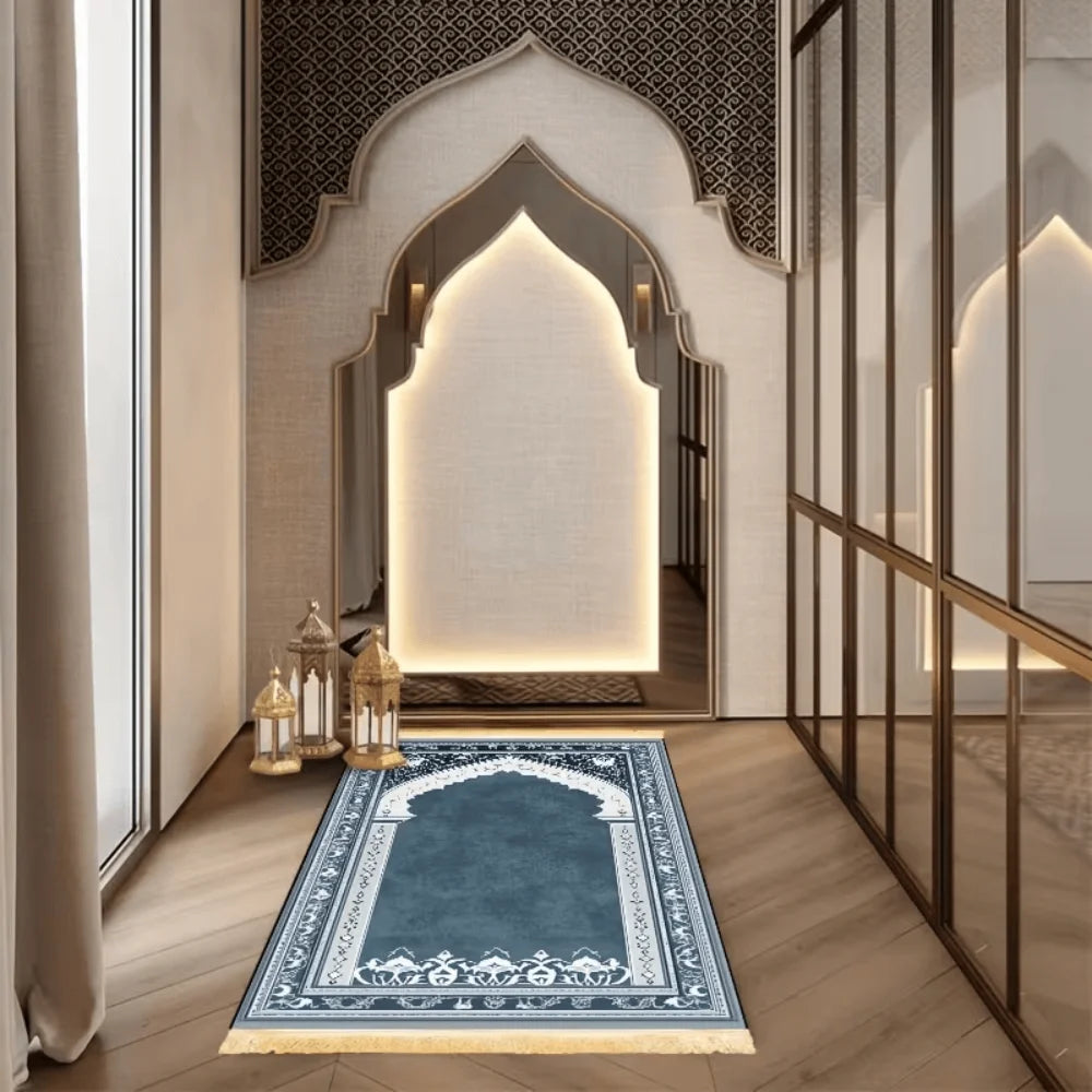tapis doux bleu foncé motif floral géométrique polyester antidérapant voyage intérieur İslam prière