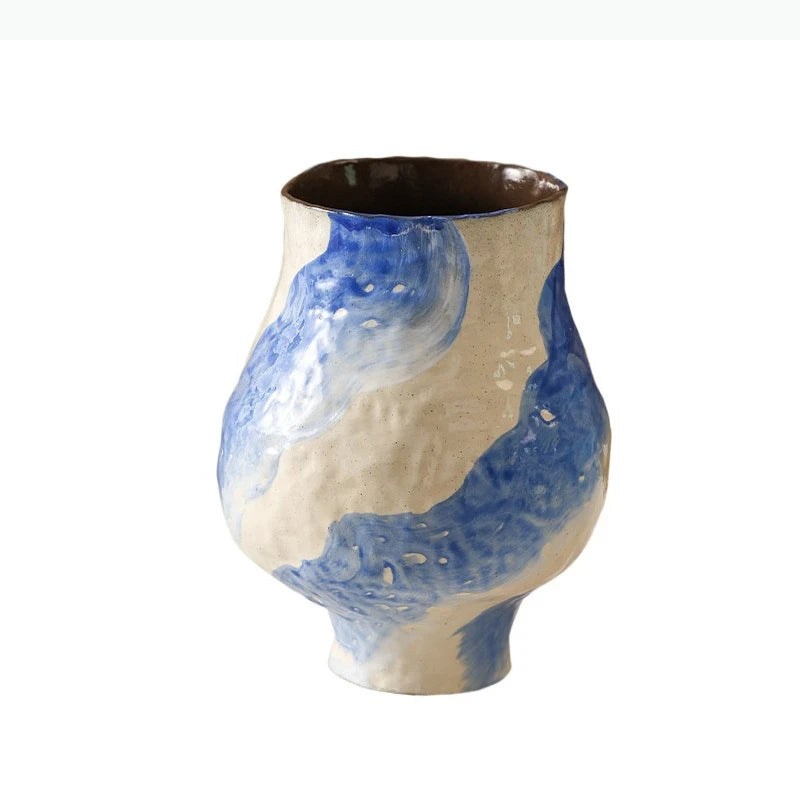vase moderne peinture abstraite blanc bleu vert jaune artisanal fleur table decoration piece
