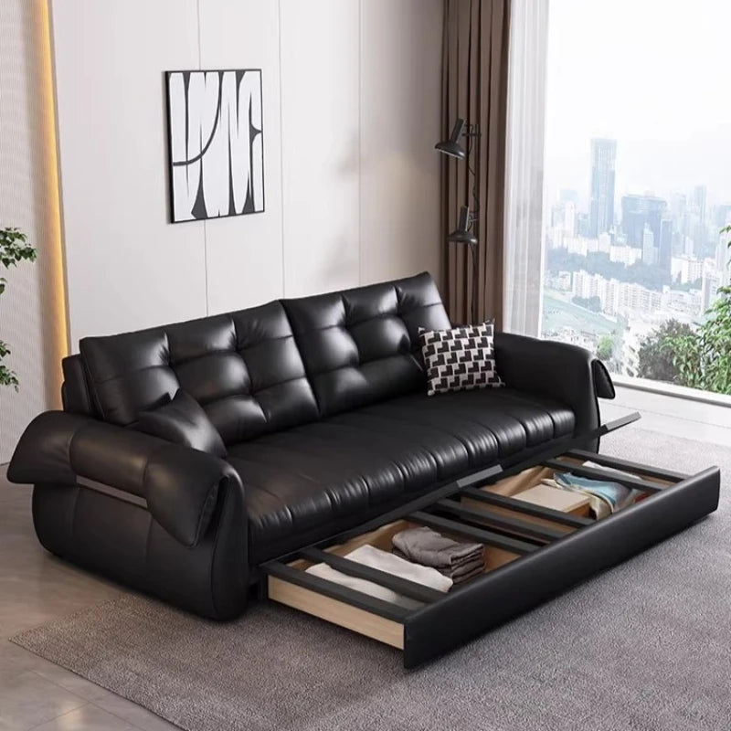 canapé lit noir simili cuir moderne coussin décoratif table basse tapis couverture