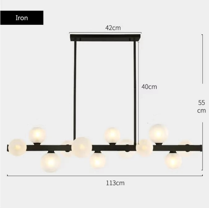 suspension lumineuse moderne or blanc boules translucides chaines interrupteur tactile