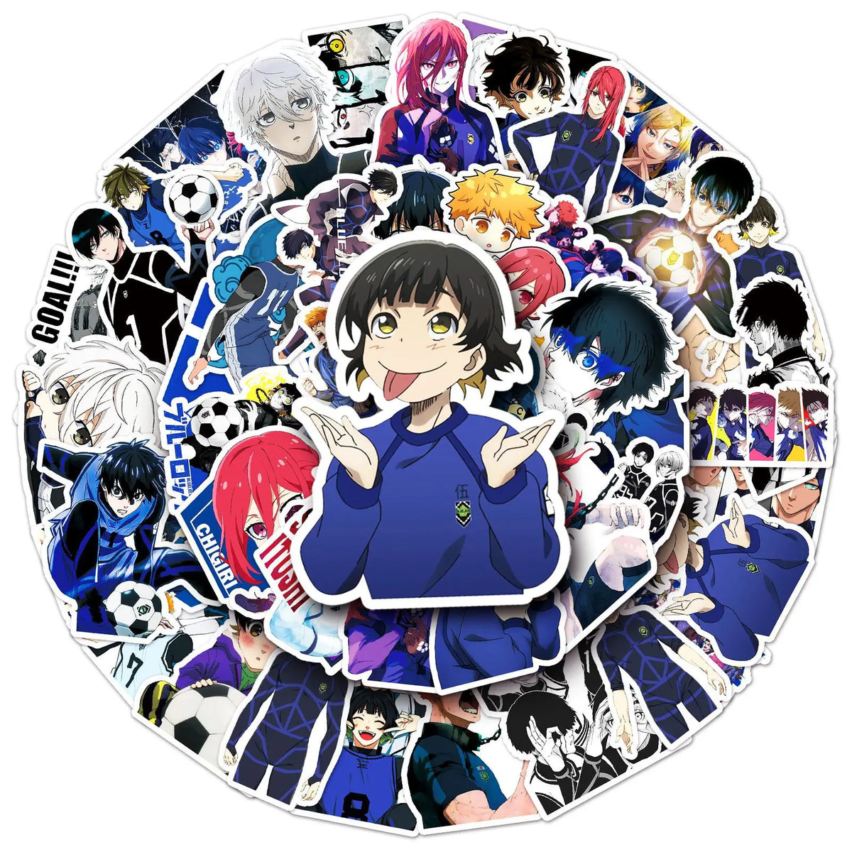 sticker anime personnages textes bleu lock chigo goal shi team football noir blanc