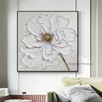 tableau abstrait moderne fleurs blanches peinture huile toile carré blanc doré 50x50cm 60x60cm 70x70cm