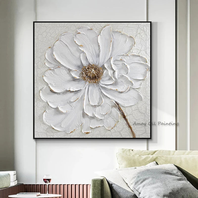 tableau abstrait moderne fleurs blanches peinture huile toile carré blanc doré 50x50cm 60x60cm 70x70cm