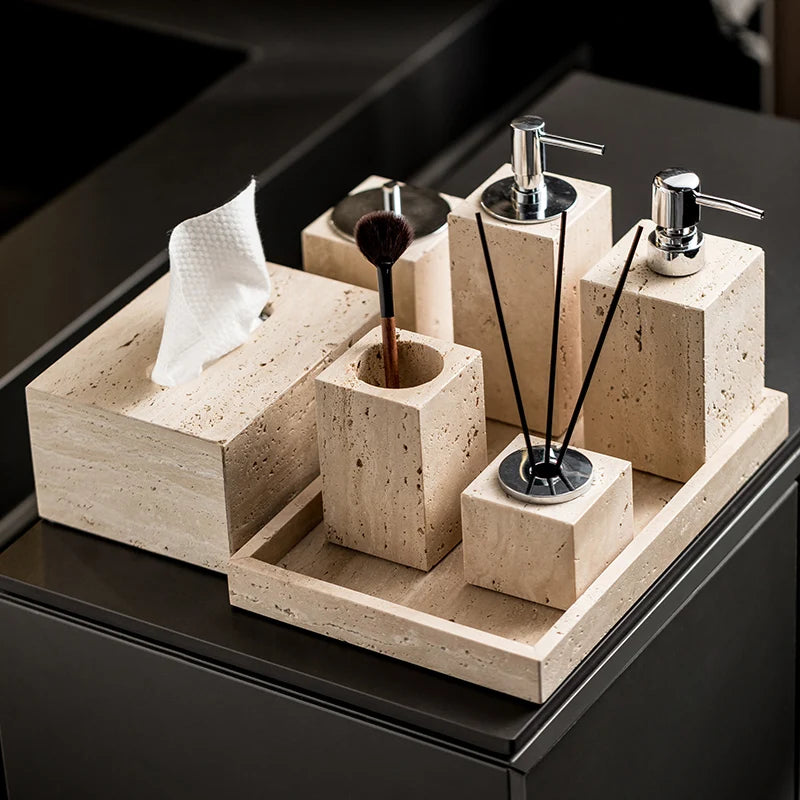 ensemble accessoires salle bain marbre beige plateau distributeur savon diffuseur gobelet boîte mouchoirs