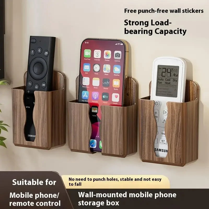 boîtes rangement murales téléphones télécommandes marron grain bois adhésives modernes minimalistes