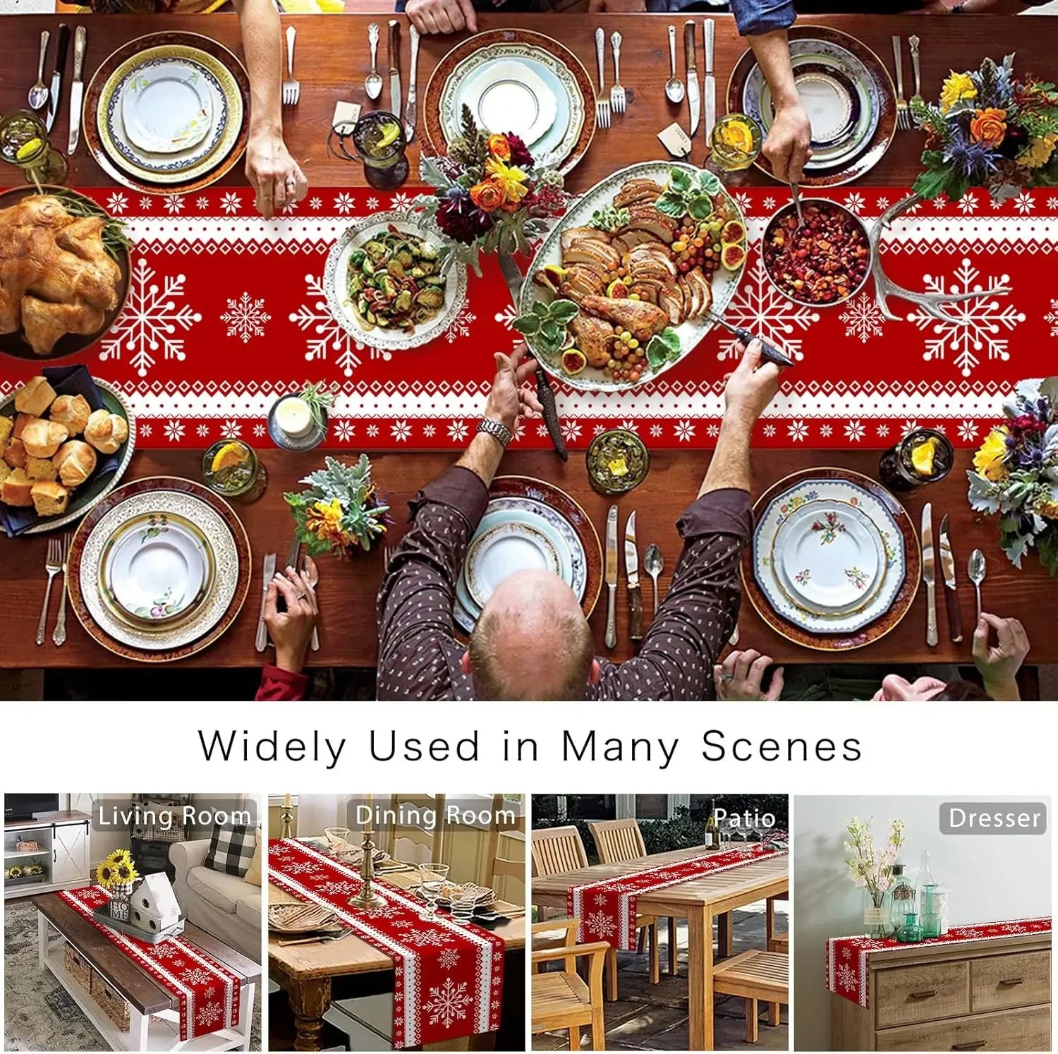 Cette image montre une table de fête richement décorée pour Noël, avec de la vaisselle traditionnelle, des fleurs et des mets délicieux. La nappe rouge et blanche aux motifs de flocons de neige crée une ambiance festive et chaleureuse.