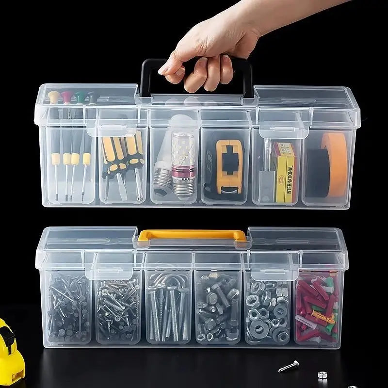 boîte outils transparente poignée jaune contenant vis boulons clous tournevis clé rubans adhésifs pratique