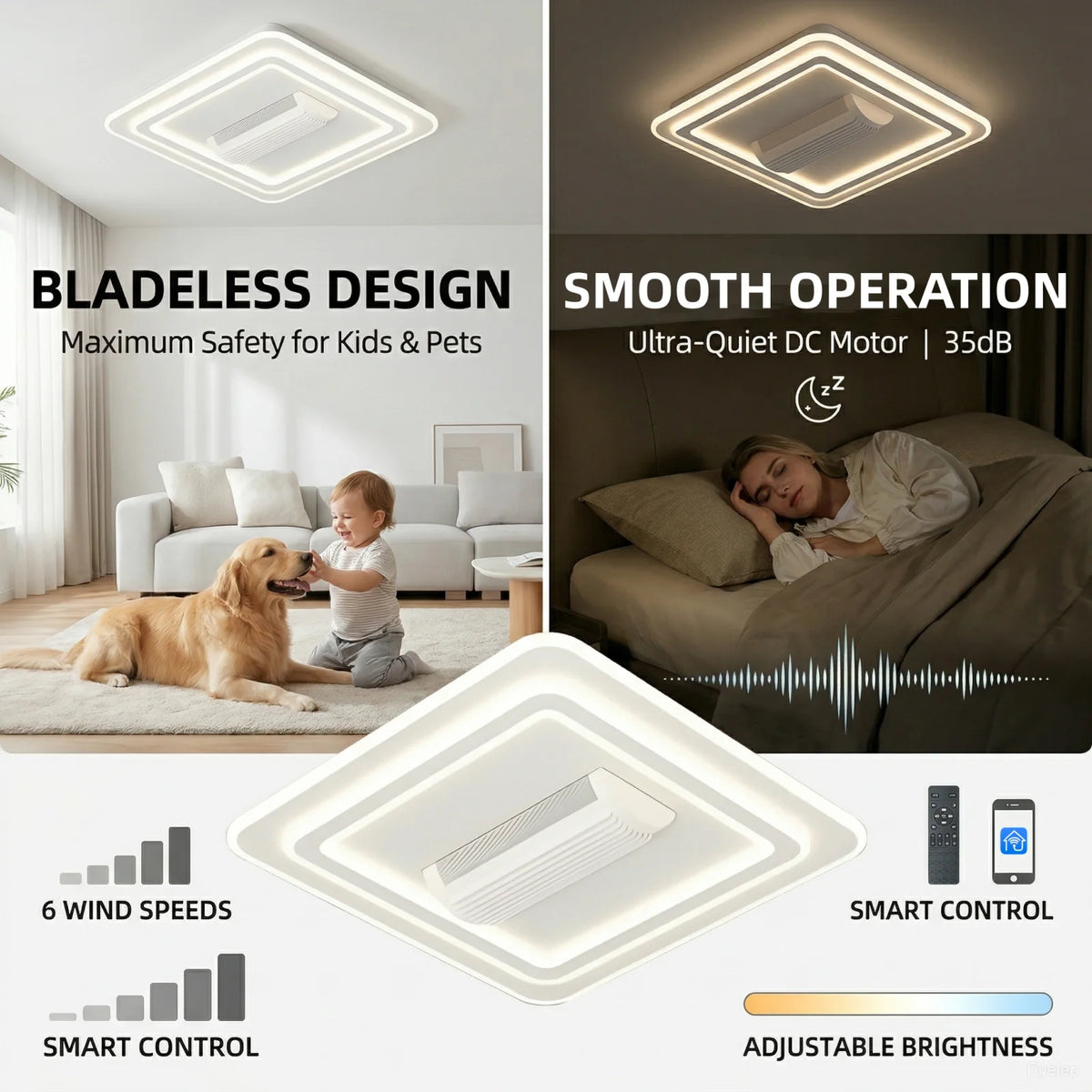 ventilateur led moderne blanc invisible télécommande couleurs changeantes élégant fixations invisibles
