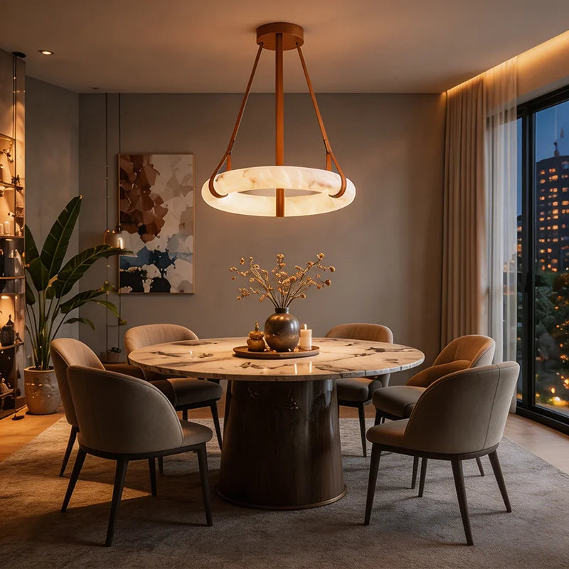 Suspension lumineuse moderne marbre marron cuir chaînes lumière LED 3000K 4500K 6000K
